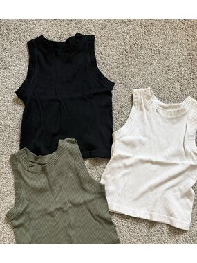 Aura Ribbed Tank Trio in Black, Olive, and Cream